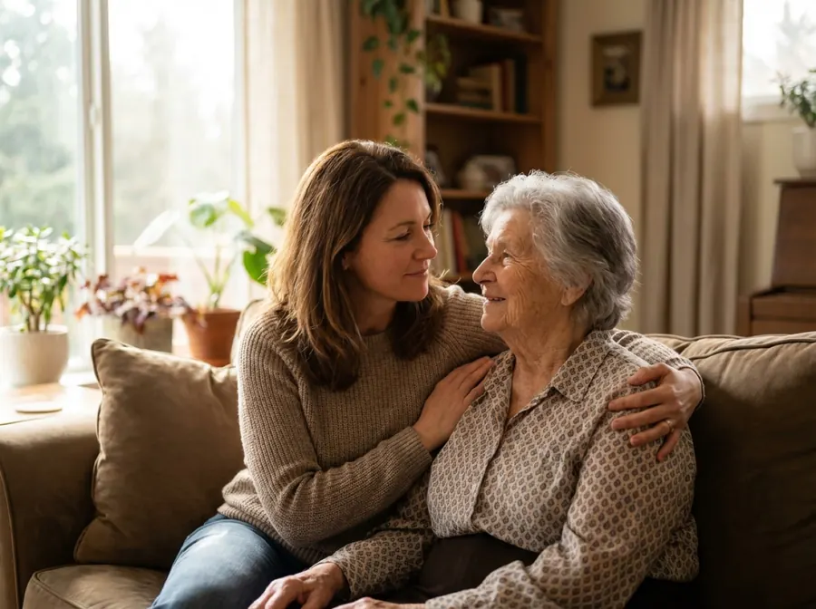 A daughter sitting close to her elderly mother, both smiling warmly together