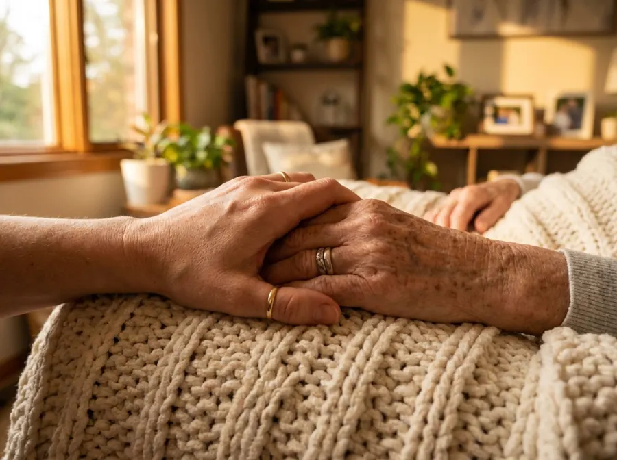 A daughter's hand gently holding her elderly mother's hand